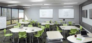 collaborative tables and chairs in classroom